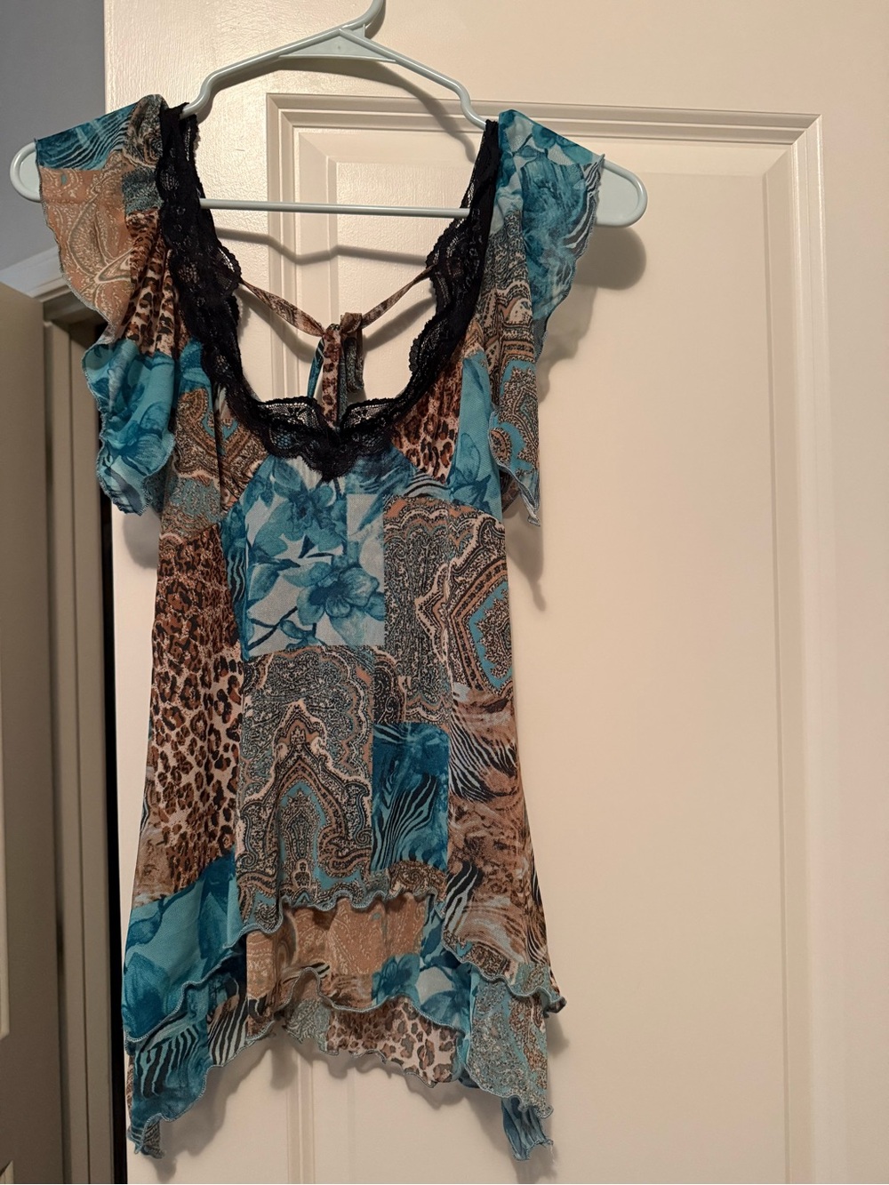 Women's Blue Patchwork Lace-Trim Ruffled Top